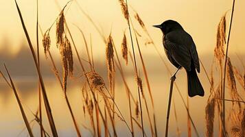 Blackbird on a cattail shadow. silhouette concept photo