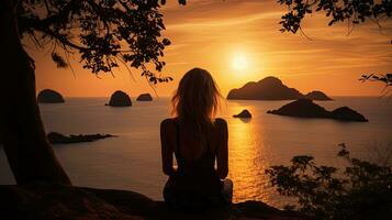 During sunset a European girl enjoys a breathtaking view of the bay and Koh Kradan from Koh Mook mountain. silhouette concept photo