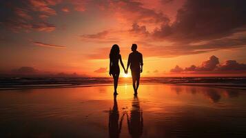 Couple on beach at sunset. silhouette concept photo