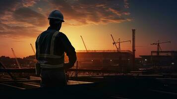 Inspector working at construction during twilight creating a silhouette photo