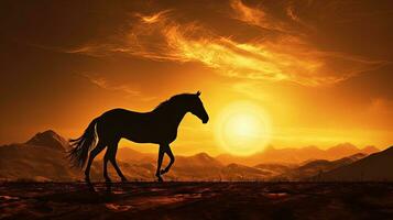 Sepia toned silhouette of Arabian horse grazing beneath sun photo