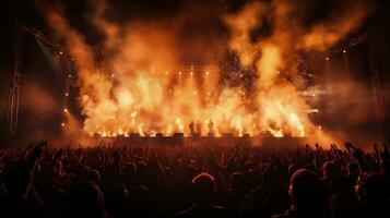 Concert crowd witnesses fire sparks. silhouette concept photo