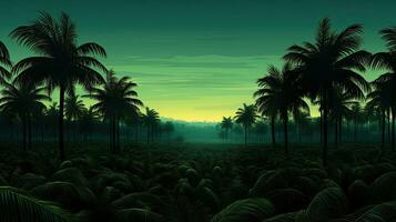 Tropical coconut palm oil farm with tall tree silhouettes and fresh leaves on a tropical coast photo