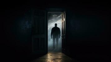 Unseen adult male lurking behind the door. silhouette concept photo