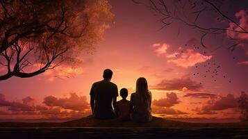 Happy family silhouetted outside private home observing dramatic sunset sky photo