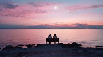 Two faceless girls sit on a bench overlooking calm water a rocky seashore and a pink sky at evening People communicate on the horizon while ships sail at sea. silhouette concept photo