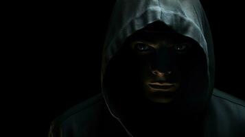 un aterrador figura vistiendo un capucha con siniestro ojos y un vacío cara mirando hacia el cámara. silueta concepto foto