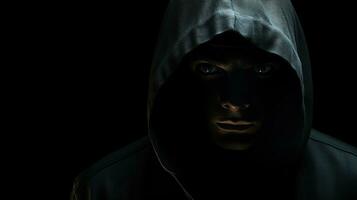 A frightening figure wearing a hood with sinister eyes and an empty face looking towards the camera. silhouette concept photo