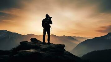 Mountain man wearing gray shirt and brown shorts holds black DSLR camera. silhouette concept photo