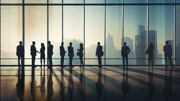 Silhouettes of people at a modern office building photo