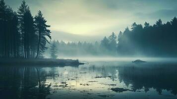 Scenic morning scenery with misty lake serene river and foggy backdrop in a gorgeous park surrounded by old bog and forested outlands with a reflective pond. silhouette concept photo