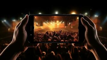 fotografiando o rodaje el concierto utilizando un teléfono inteligente silueta concepto foto