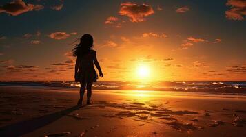 Girl child observing the sunset by the beach. silhouette concept photo