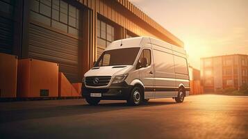 Cargo bus waiting for loading at logistic center while delivery minivan prepped for route. silhouette concept photo