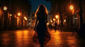 Girl in motion on night street in Europe. silhouette concept photo