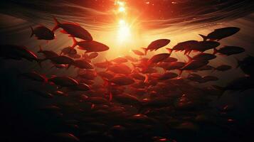 Silhouetted fish shoal in sunset photo