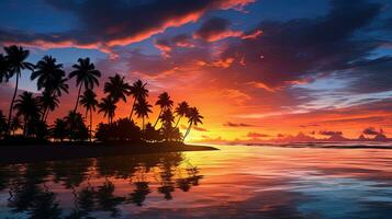 Palm trees silhouetted against a sunset on a tropical beach photo