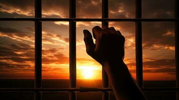 Seeking freedom hand grips prison bars. silhouette concept photo
