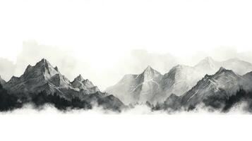 negro y blanco mano dibujado lápiz bosquejo de un montaña paisaje con rocoso picos en un gráfico estilo en un blanco antecedentes. silueta concepto foto