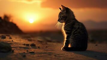 Cute cat on road with sunset background looking at wonderful sunset. silhouette concept photo