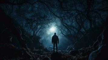 masculino en siniestro encantado bosque durante Noche. silueta concepto foto