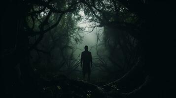 Creepy figure in shadowy woods. silhouette concept photo