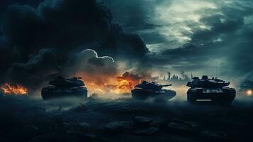 Battle scene at night with German tanks and armored vehicles fighting under a cloudy sky silhouette with war fog photo