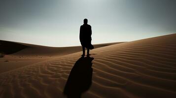 Man s outline projected on sand dune. silhouette concept photo