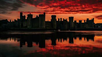 puesta de sol ver de caernarfon castillo en norte Gales. silueta concepto foto