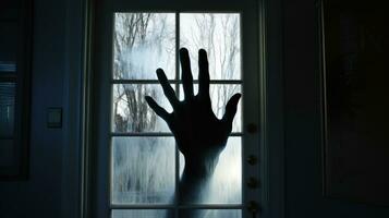 mano silueta detrás ventana o vaso puerta representando temor o terror foto