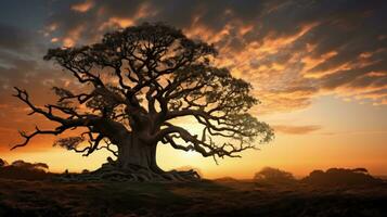 Sunset over ancient oak. silhouette concept photo