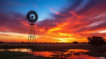 vistoso puesta de sol con molino y arboles en rural Kansas norte de hutchinson. silueta concepto foto