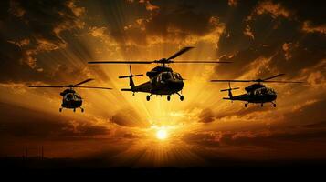 Five military helicopters silhouetted against a golden sunset sky photo