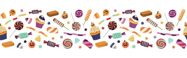 Halloween sweets seamless border. Vector background with Halloween candies. Cartoon holiday desserts. Isolated on white background. Hand drawn delicious sweets.