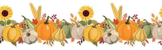 Cute autumn color pumpkins, berries, and leaves horizontal seamless pattern. Isolated on white background. Seasonal fall banner design for greeting or promotion. vector