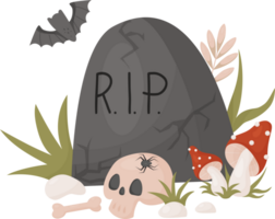 Grave headstone with skull, bones, mushrooms and bat png