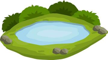 Pond and swamp, lake. Flat cartoon. Background for illustration. Landscape with grass, stones and bush. Element of nature and forest and water. Platform and ground vector