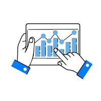 Business chart on tablet screen in hands. Touch screen device with finger. Analytics and statistics. Growth graph. Outline cartoon illustration vector