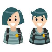Students with backpacks. Boy and girl. Avatar for social network. Schoolboy and pupil. Smiling man and woman. Study and education. Flat cartoon illustration vector