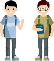 conversacion Entre dos estudiantes con mochila y libros. estudiar en Universidad y Universidad estudiantes. hombres en alto escuela. Pareja joven adulto amigo hablar. dibujos animados plano ilustración vector