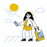 Woman at airport. Girl with suitcase hurry. Luggage and baggage. Ticket in hand. Female character goes on vacation vector