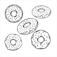 Donut with glaze. Sweet sugar dessert with icing. Outline cartoon illustration isolated on white background vector