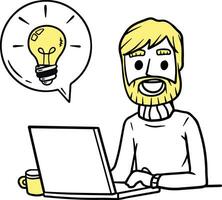 Man sitting at table with laptop. Work as freelancer and programmer. Modern gadget. Smiling happy guy. Bubble with light bulb. Idea concept. Invention and thought. Hand drawn sketch cartoon vector