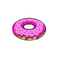 Donut with pink glaze. Sweet sugar dessert with icing. Outline cartoon illustration isolated on white background vector