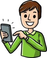 Man with mobile phone. Cartoon hand drawn sketch illustration. Young guy with modern device. Happy character vector