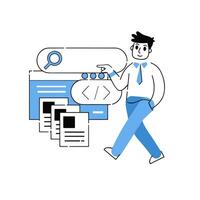 Programmer works with code and interface of application and website. Outline cartoon. Man web developer. Site template. Choosing Digital profession vector