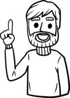 Bearded man points up. Finger and hand gesture. Young smiling guy. Hand-drawn illustration. Happy emotion. Warm sweater. vector