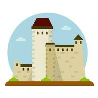 Narva castle. Fortress of knight and king with tower and wall. Tourist attraction in Estonia. Eastern European landmark. Medieval stone citadel. Flat cartoon illustration vector