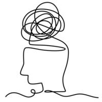 Person with confused feelings worried about bad mental health. Problems, failure and grief concept. Continuous one line drawing with a head and a tangled line. Lineart Vector illustration