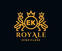 Golden Letter EK template logo Luxury gold letter with crown. Monogram alphabet . Beautiful royal initials letter. vector